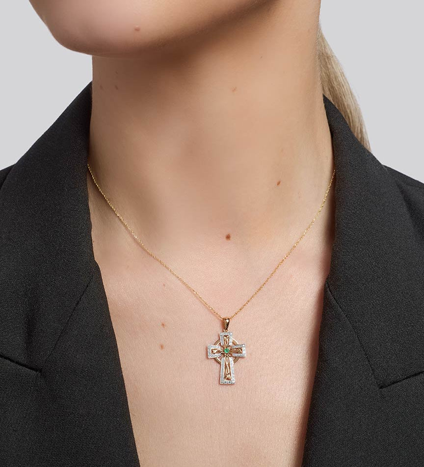 14k gold diamond and emerald cross necklace s46103 from Solvar on a model