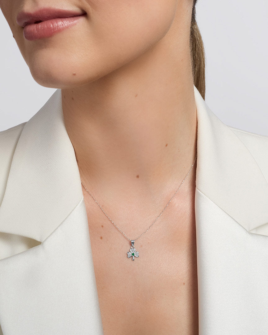 14k white gold diamond and emerald shamrock pendant s4517 from Solvar on a model