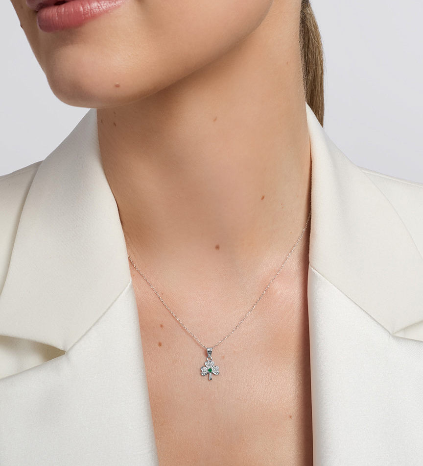 14k white gold diamond and emerald shamrock pendant s4517 from Solvar on a model