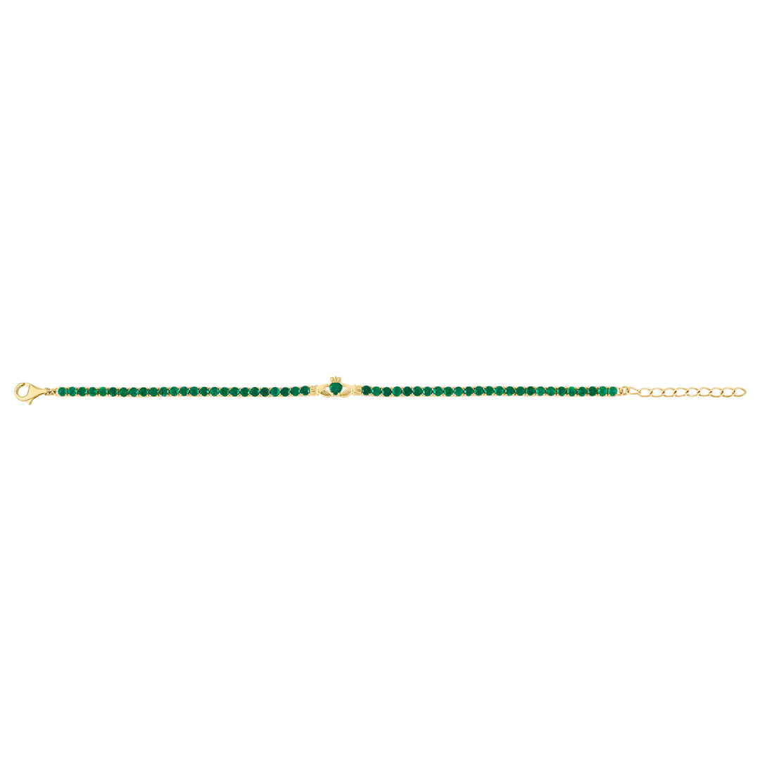 product shop of emerald claddagh tennis bracelet in yellow gold presented in an open state 