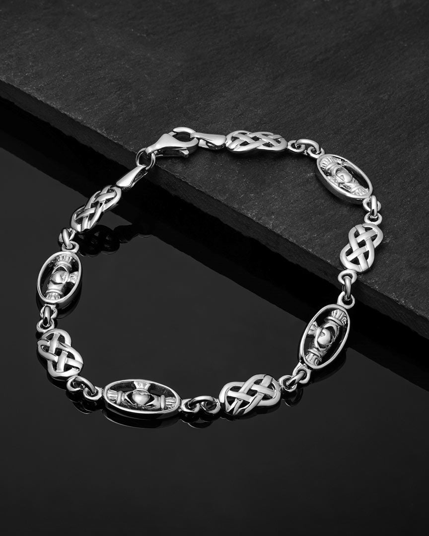 lifestyle image of silver Celtic Claddagh bracelet from Solvar