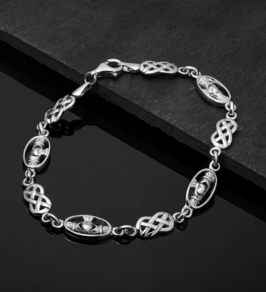 lifestyle image of silver Celtic Claddagh bracelet from Solvar