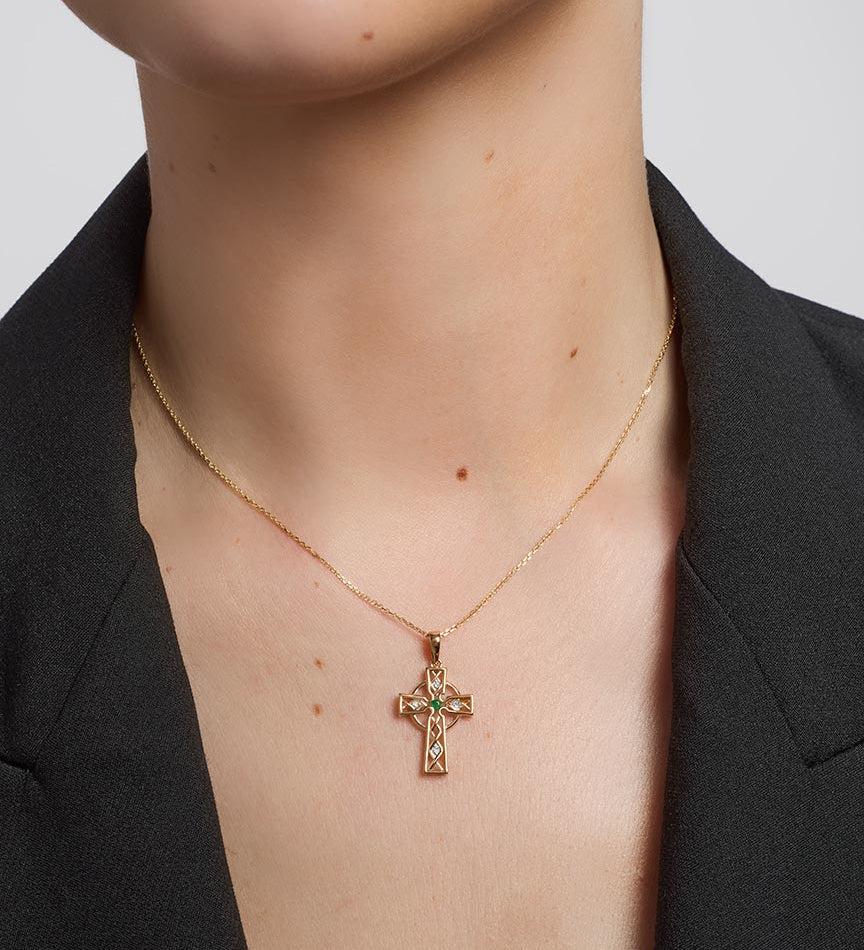9K Gold Emarald And Cubic Zirconia Celtic Cross Pendant S44508 from Solvar on a model