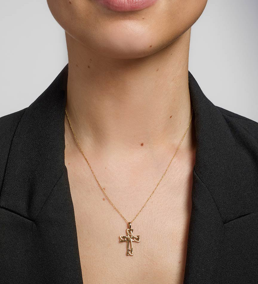 14k gold celtic cross pendant s4648 on a model