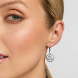 close-up image of celtic spiral drop earrings on a model