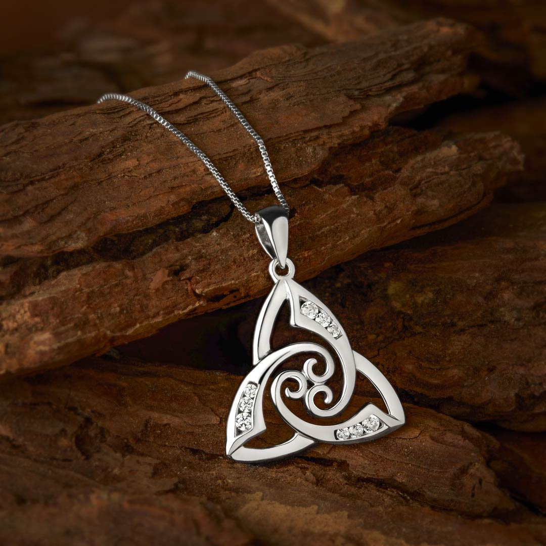 lifestyle image of Celtic cz set Trinity Knot necklace from Solvar