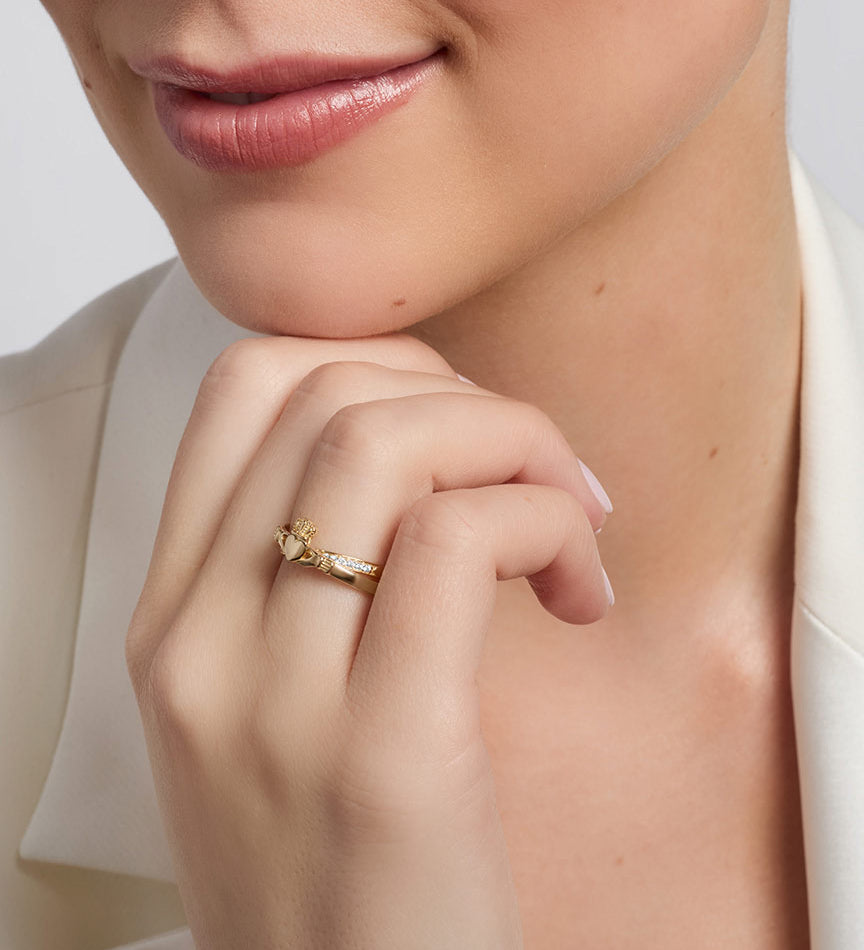  10K Gold Cz Claddagh Crossover Ring S21153 on a model