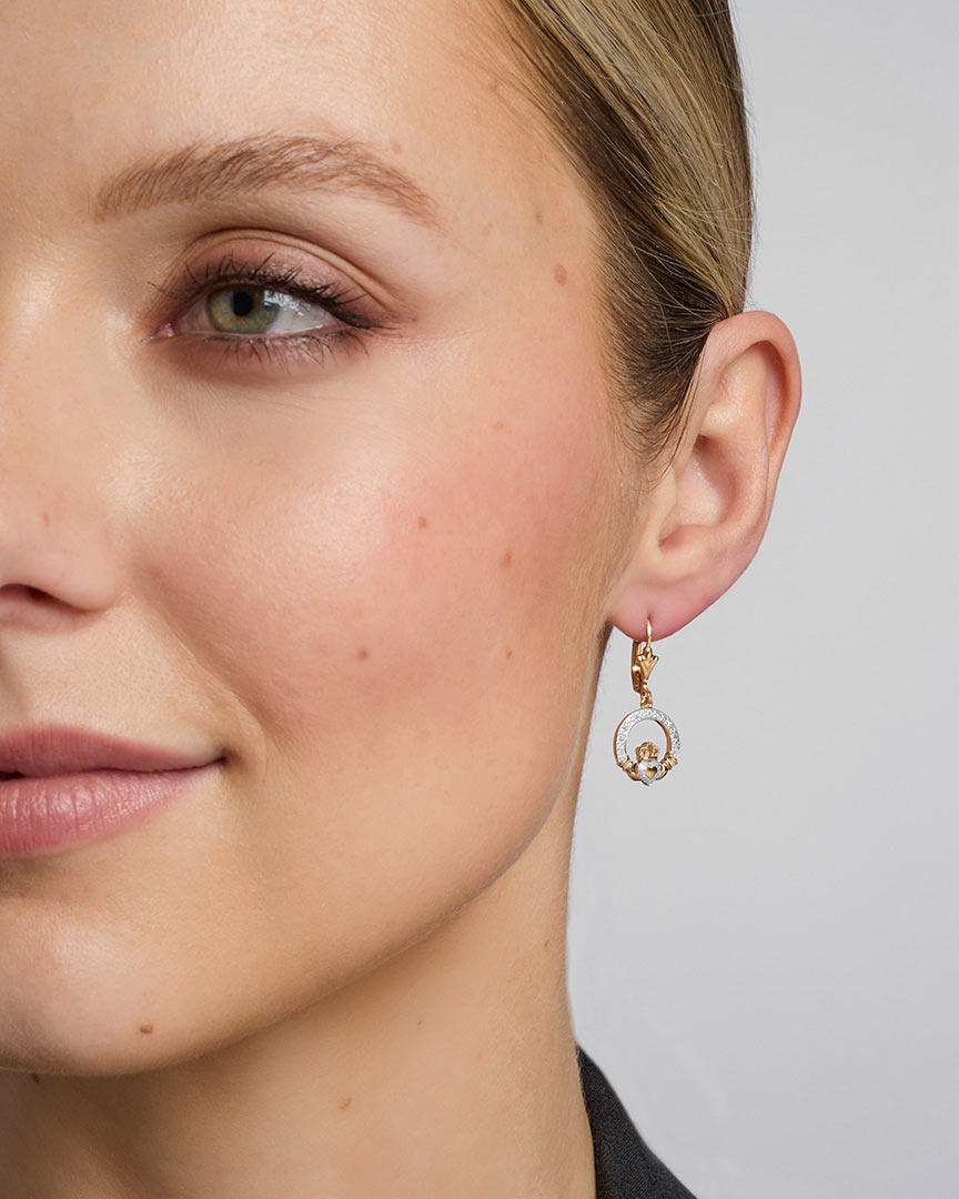 10k gold diamond claddagh drop earrings s33977 on a model 2