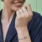 model wearing claddagh jewellery set of ring bracelet necklace and earrings