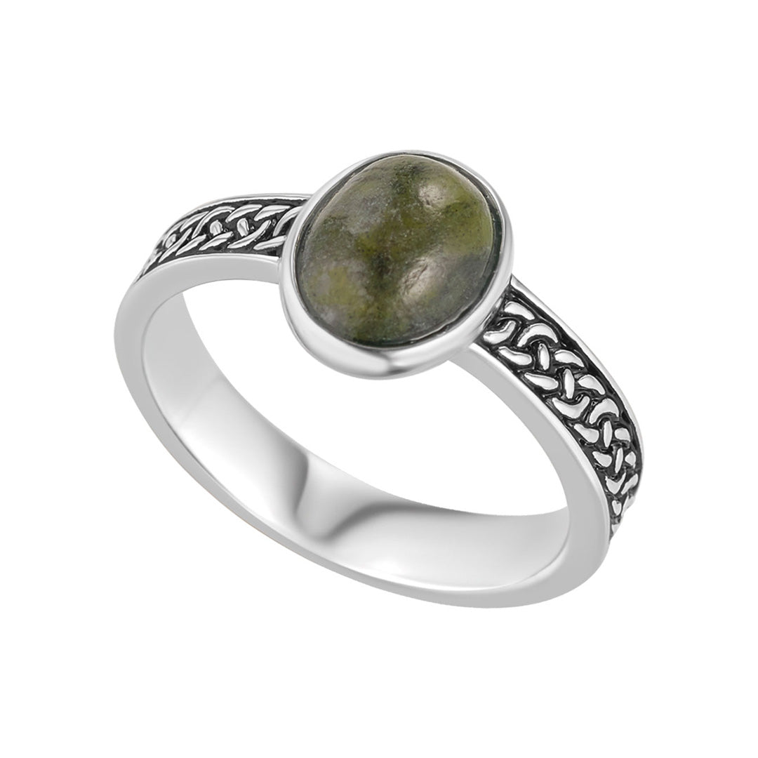 stock image of Connemara marble oxidised silver Celtic band ring s21154 from Solvar jewellery