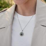 model wearing connemara marble round celtic pendant from Solvar