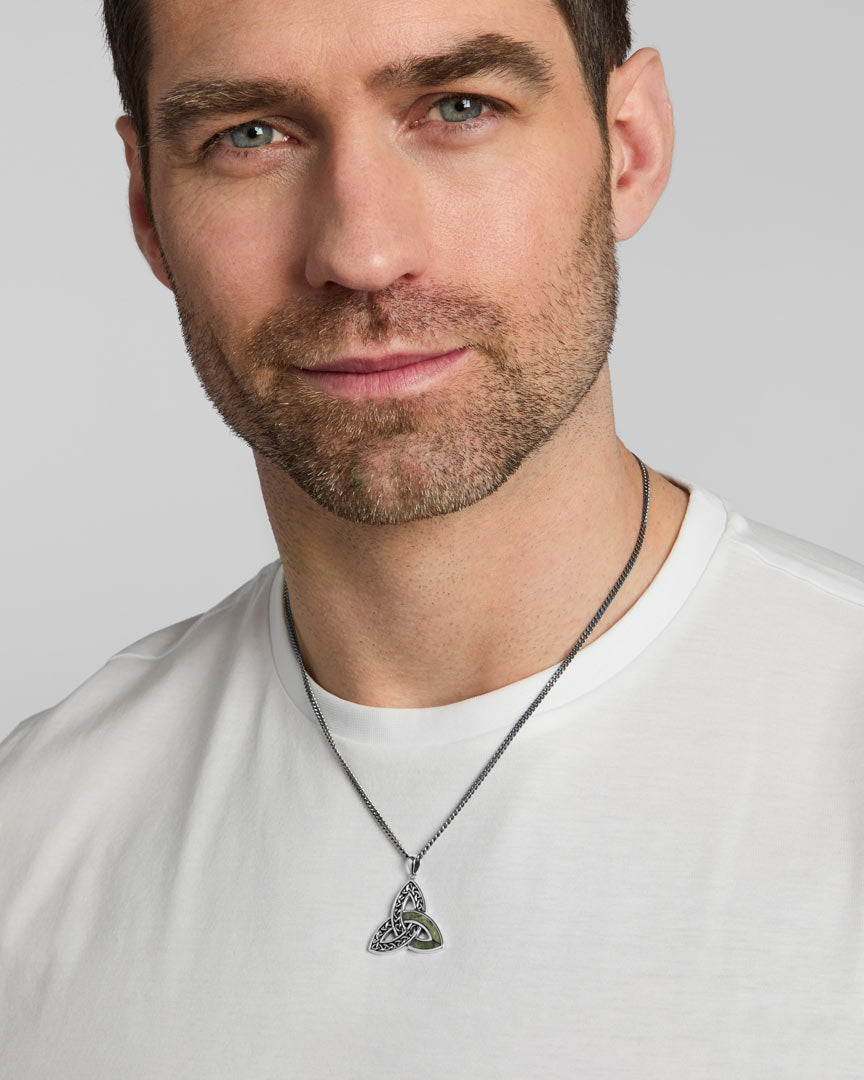 male model wearing large Connemara marble Celtic Trinity Knot necklace from Solvar