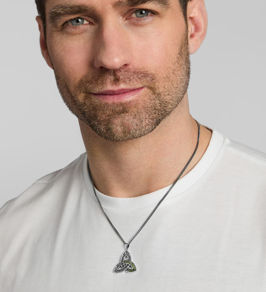 male model wearing large Connemara marble Celtic Trinity Knot necklace from Solvar