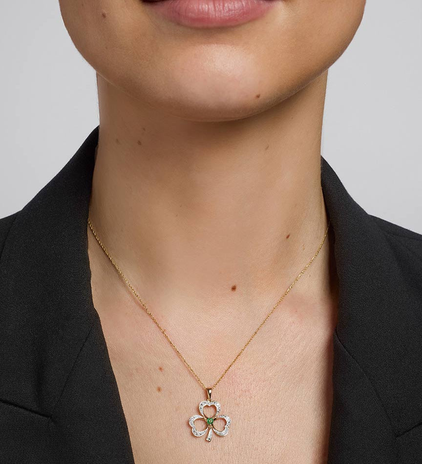 14k gold diamond & emerald shamrock necklace s46104 on a model 1