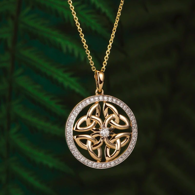 lifestyle image of gold diamond celtic necklace s46784