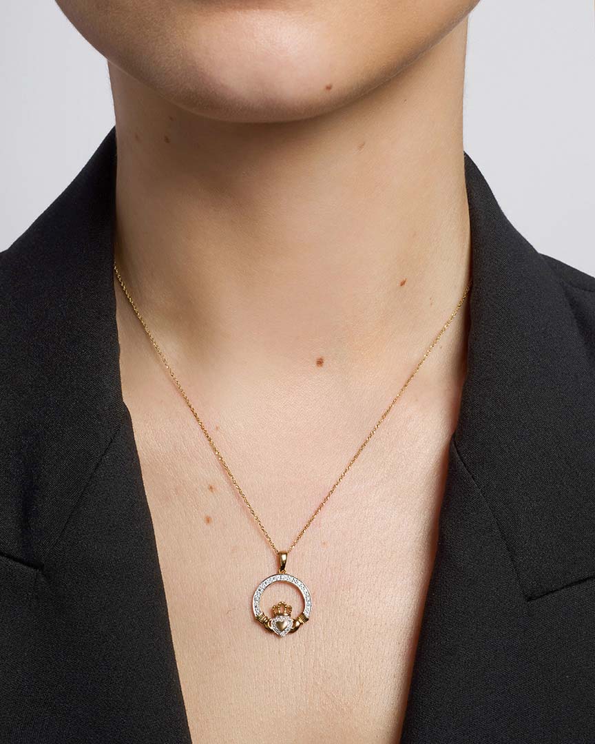 14k gold diamond claddagh pendant s46424 on a model 2