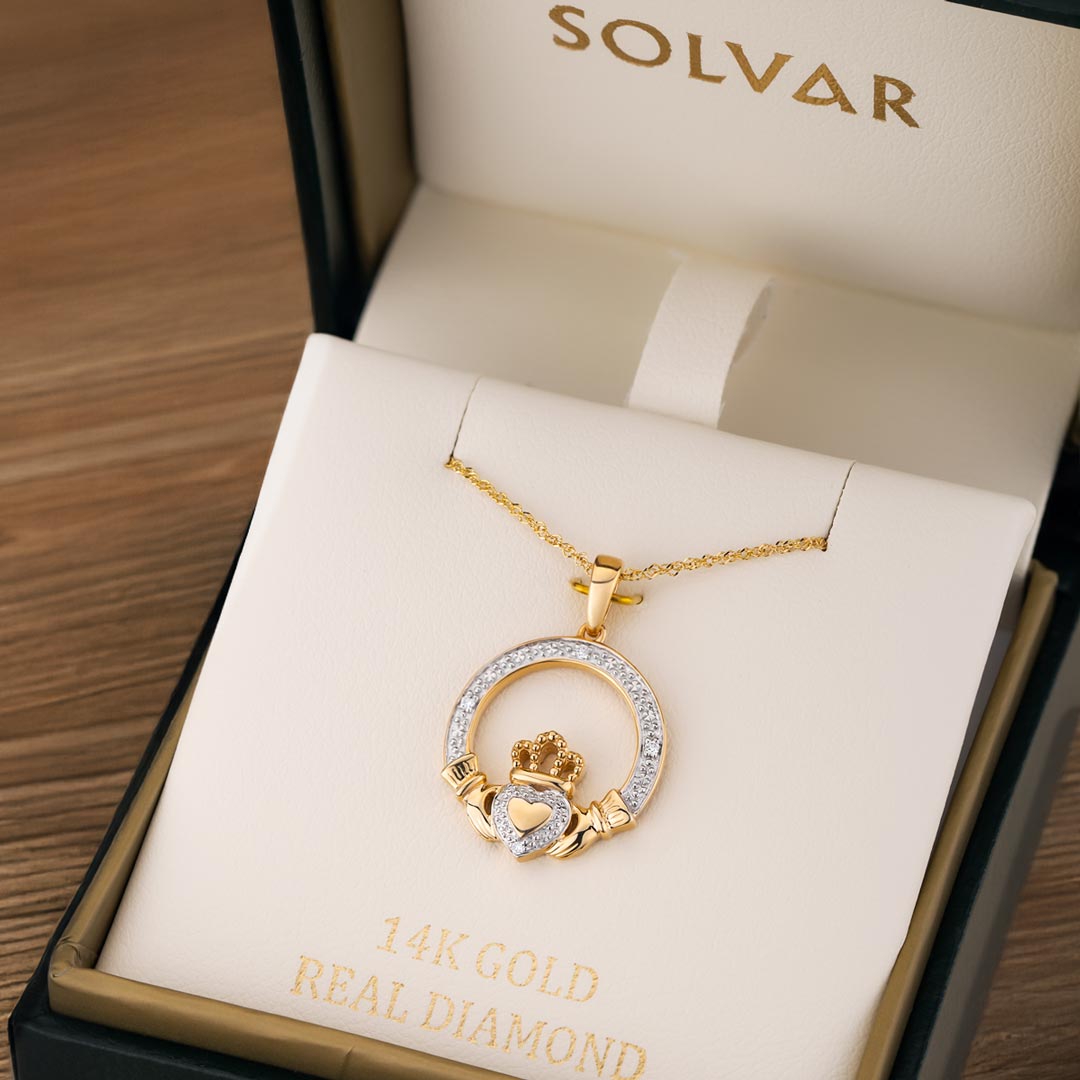 diamond Claddagh pendant in Solvar jewellery box