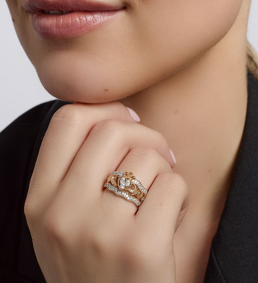 ladies 14k gold diamond wide claddagh ring s21023 from Solvar on a model