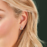 mixed metal Celtic Trinity Knot stud earrings on a model