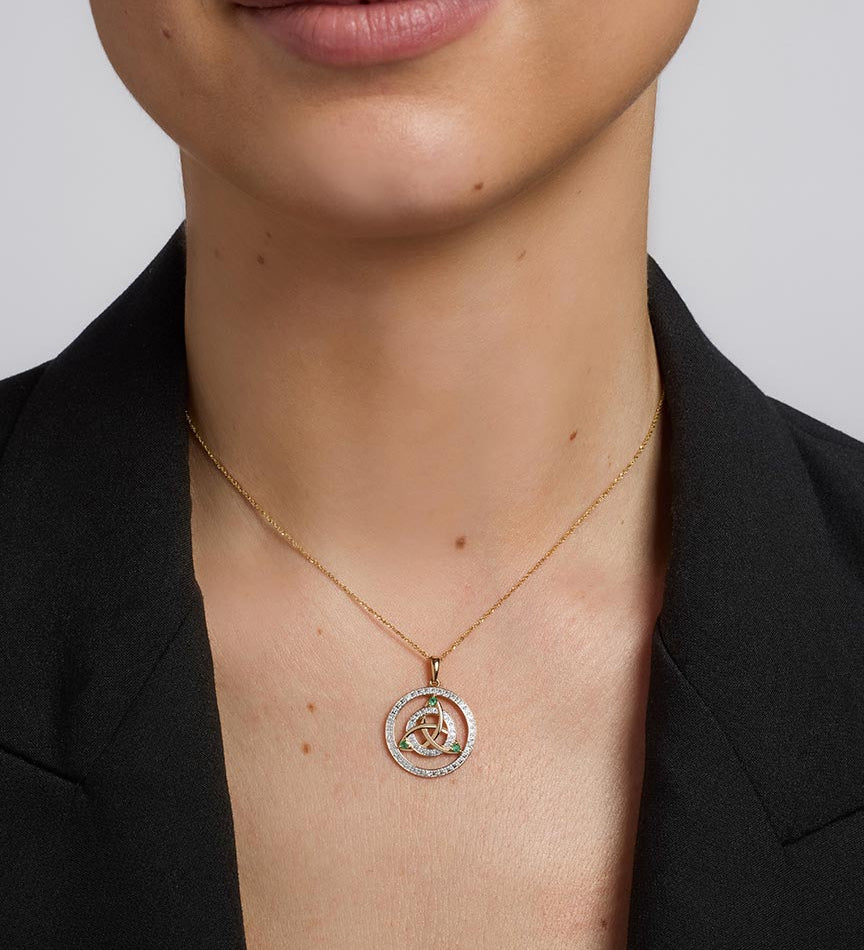  two tone gold  Round Celtic Knot Necklace S46788 on a model 1