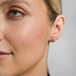 close-up image of yellow gold emerald shamrock earrings on a female model