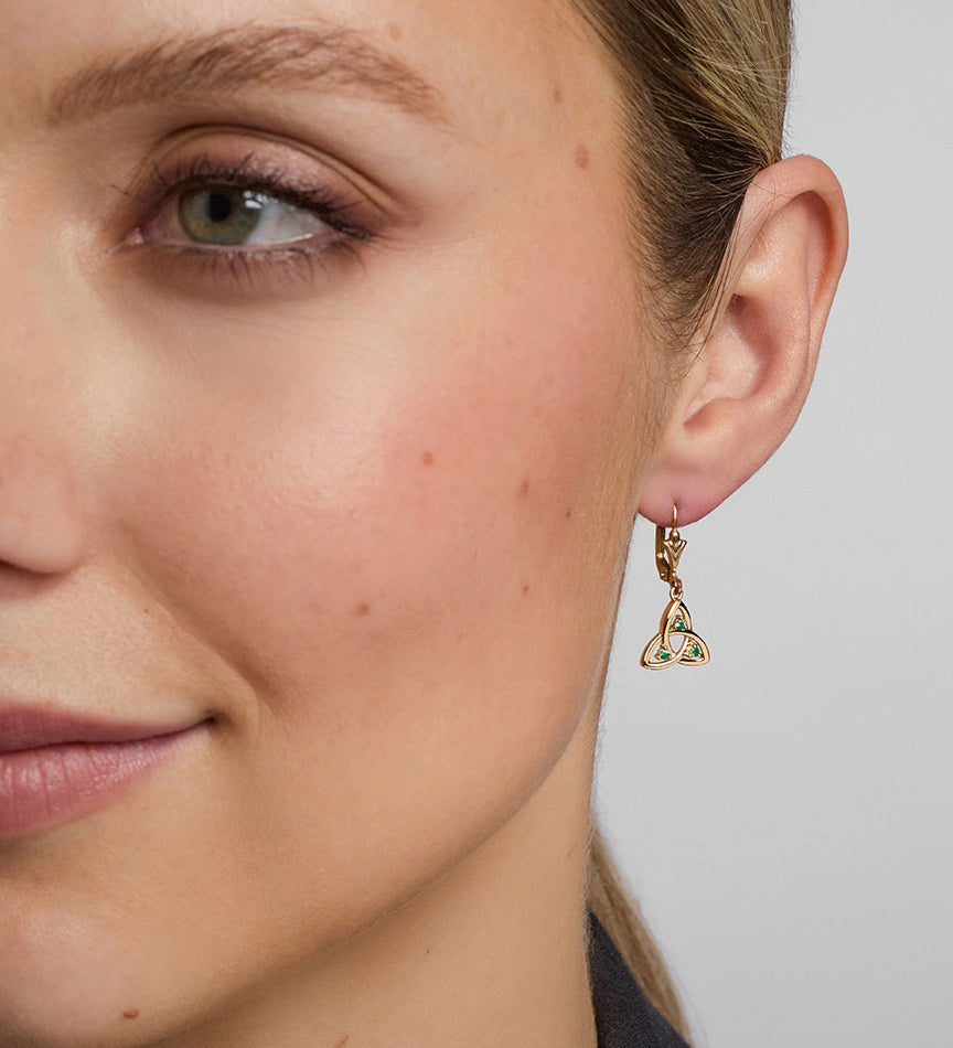 14K gold emerald trinity knot drop earrings s33500 on a model 1