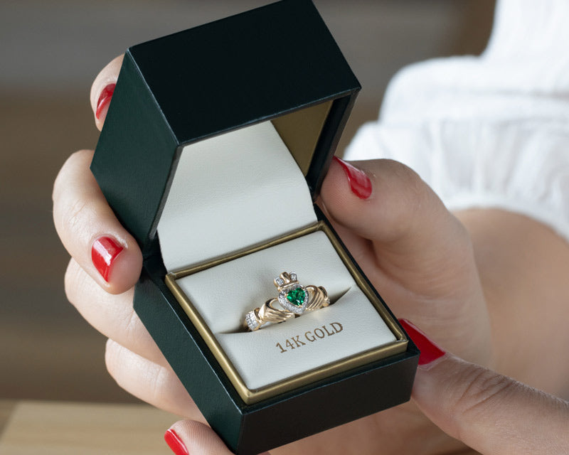 Engagement Claddagh ring presented in Solvar branded ring box