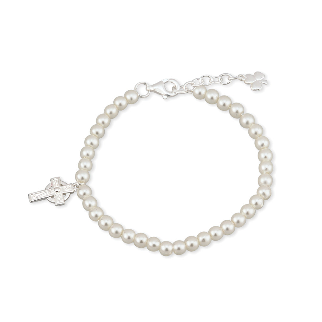 rhodium plated pearl and cross communion bracelet s5676 from Solvar