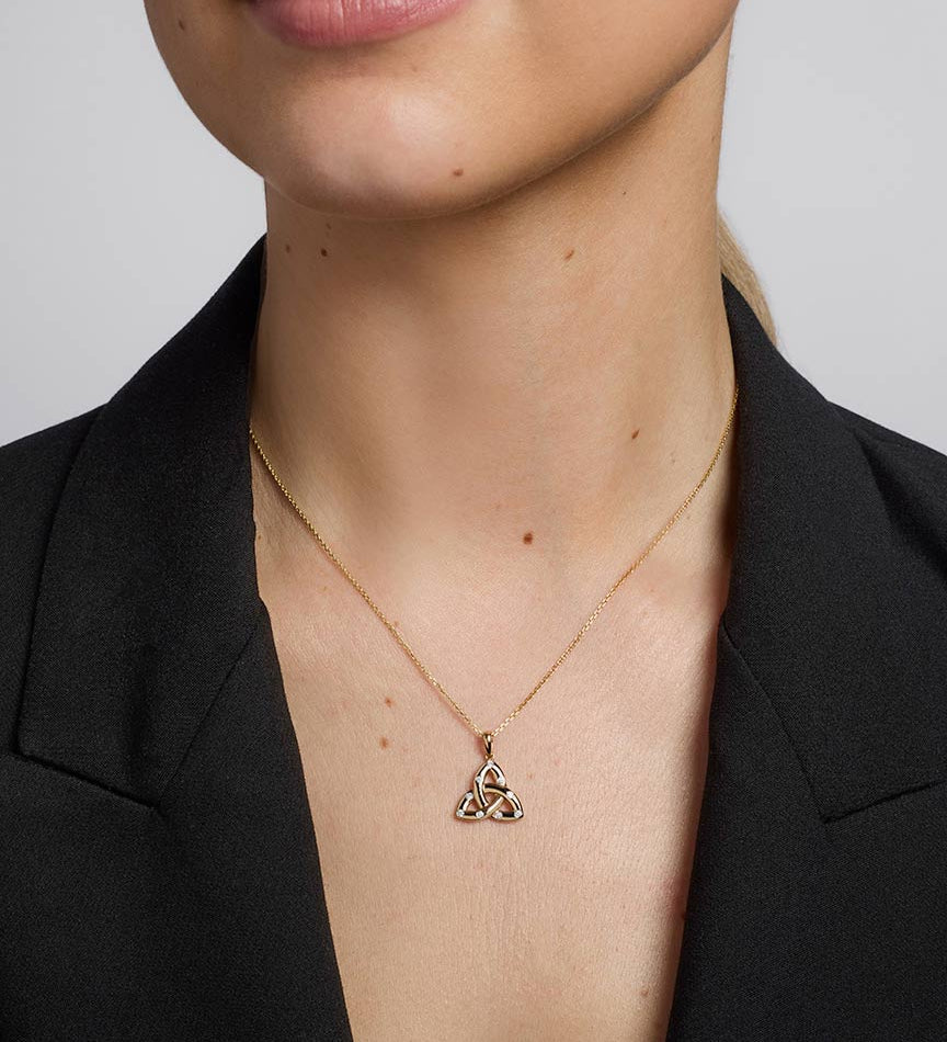 14K gold flush set diamond Trinity Knot Necklace S46969 on a model 1