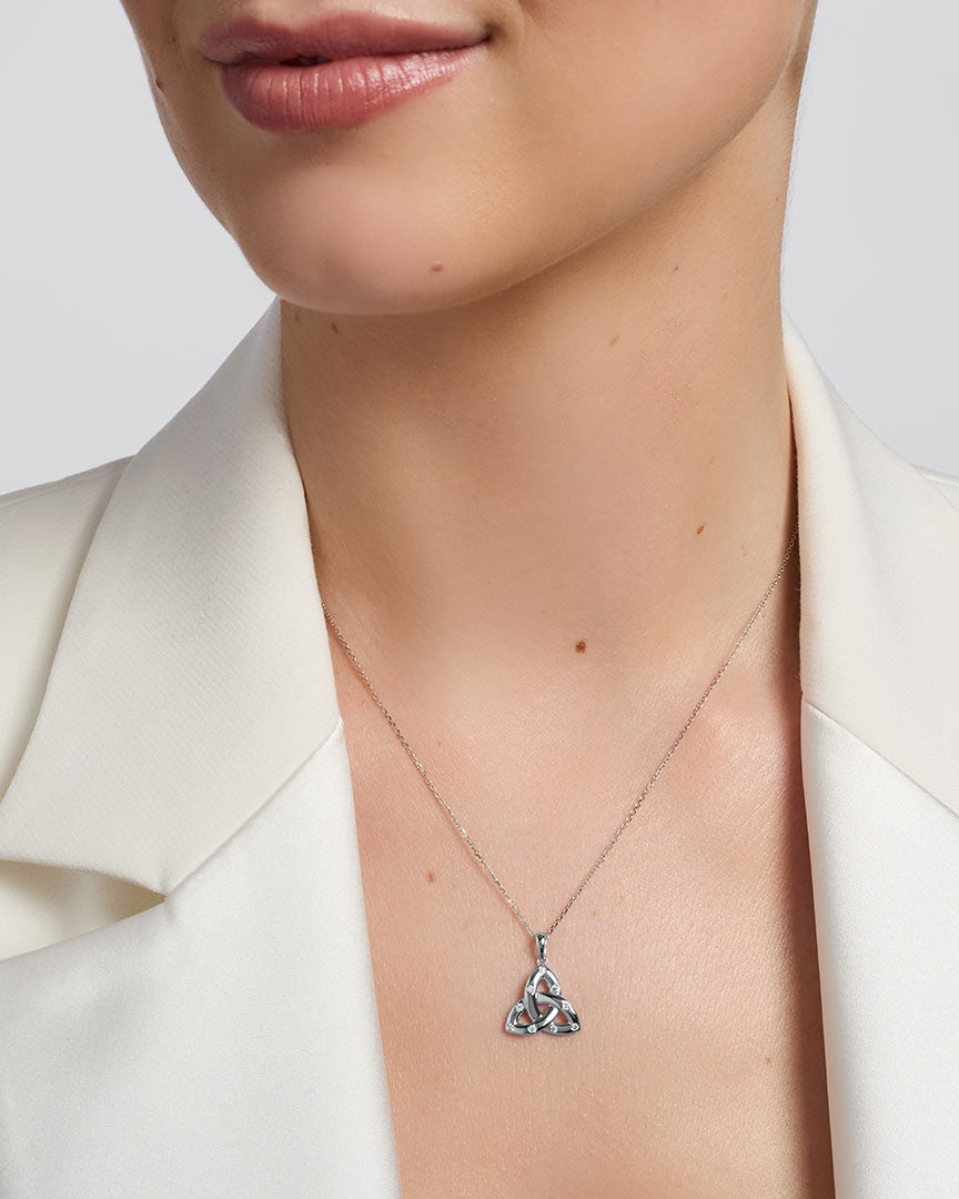 White Gold Flush Set Diamond Trinity Knot Necklace S46973 from Solvar Irish Jewellery on a model