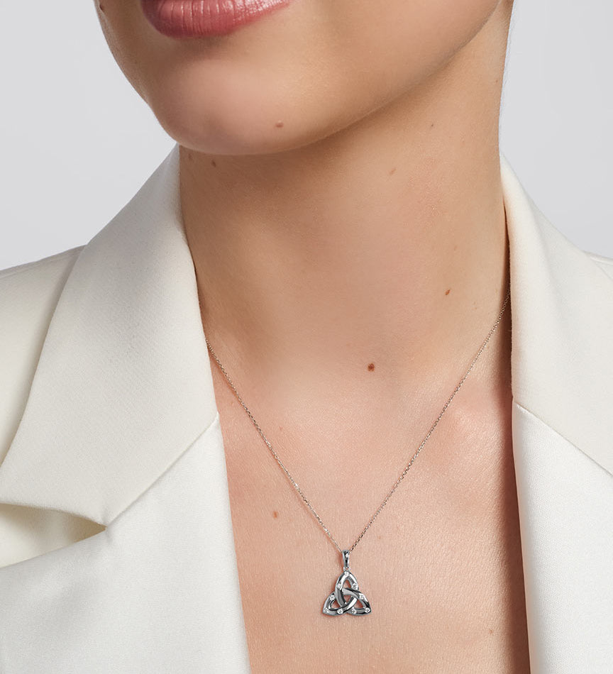 White Gold Flush Set Diamond Trinity Knot Necklace S46973 from Solvar Irish Jewellery on a model