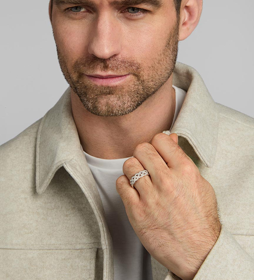 a male model wearing silver celtic knot ring from Solvar
