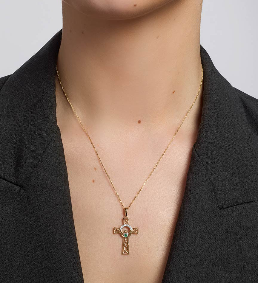 14k gold diamond and emerald claddagh cross pendant s44515 from Solvar on a model