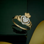 styled image of 14k gold diamond heart claddagh ring s21096 from Solvar