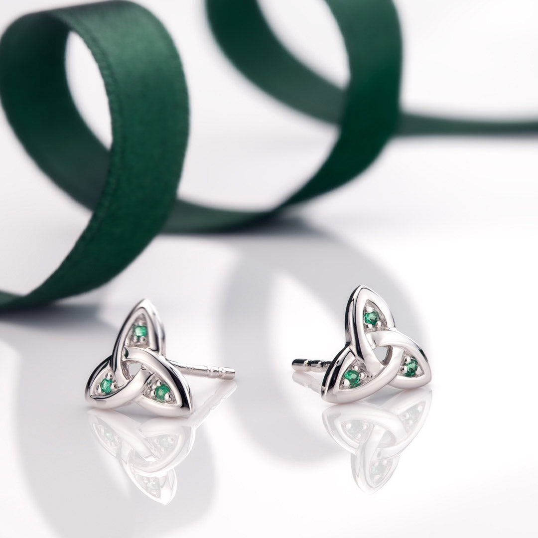 styled image of 14K white gold emerald trinity knot stud earrings s3007 from Solvar