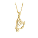 Gold harp-shaped pendant on a chain against a white background