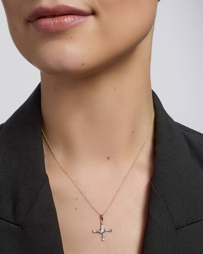 14k two tone gold diamond st brigids cross pendant s44442 from Solvar on a model