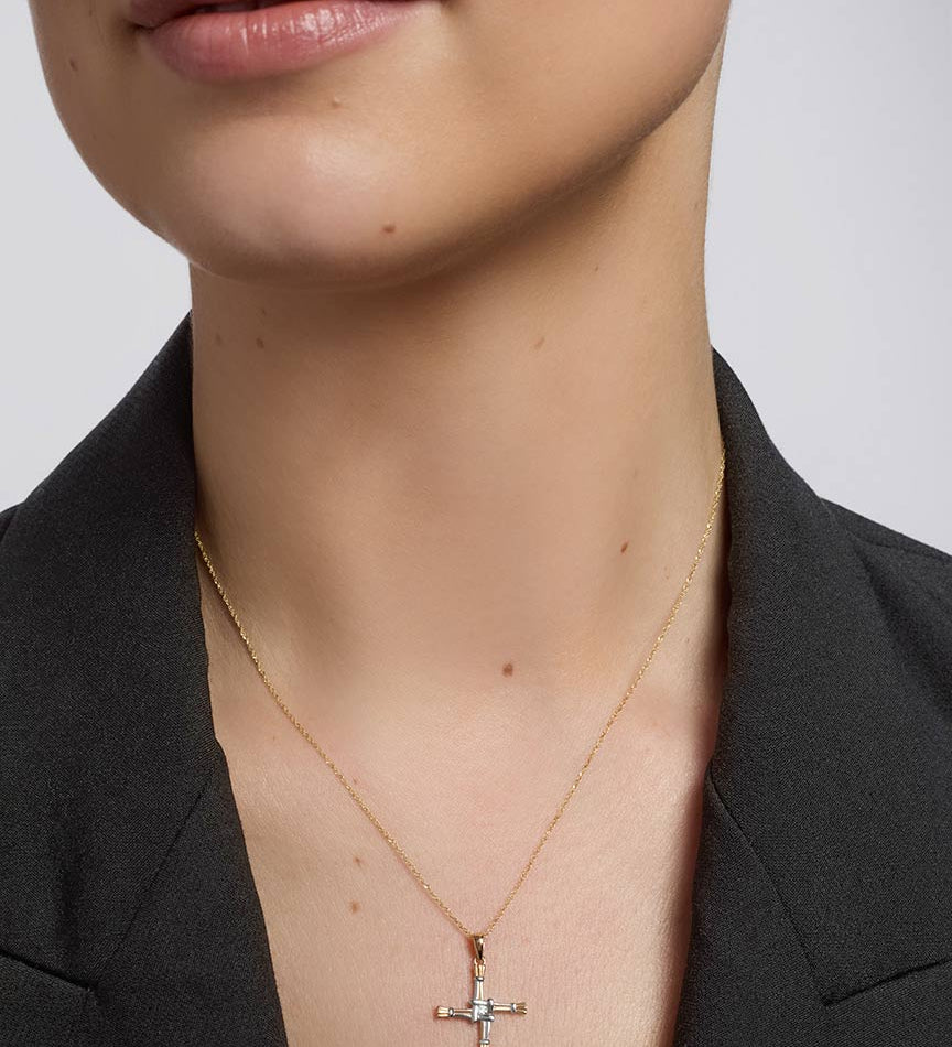 14k two tone gold diamond st brigids cross pendant s44442 from Solvar on a model