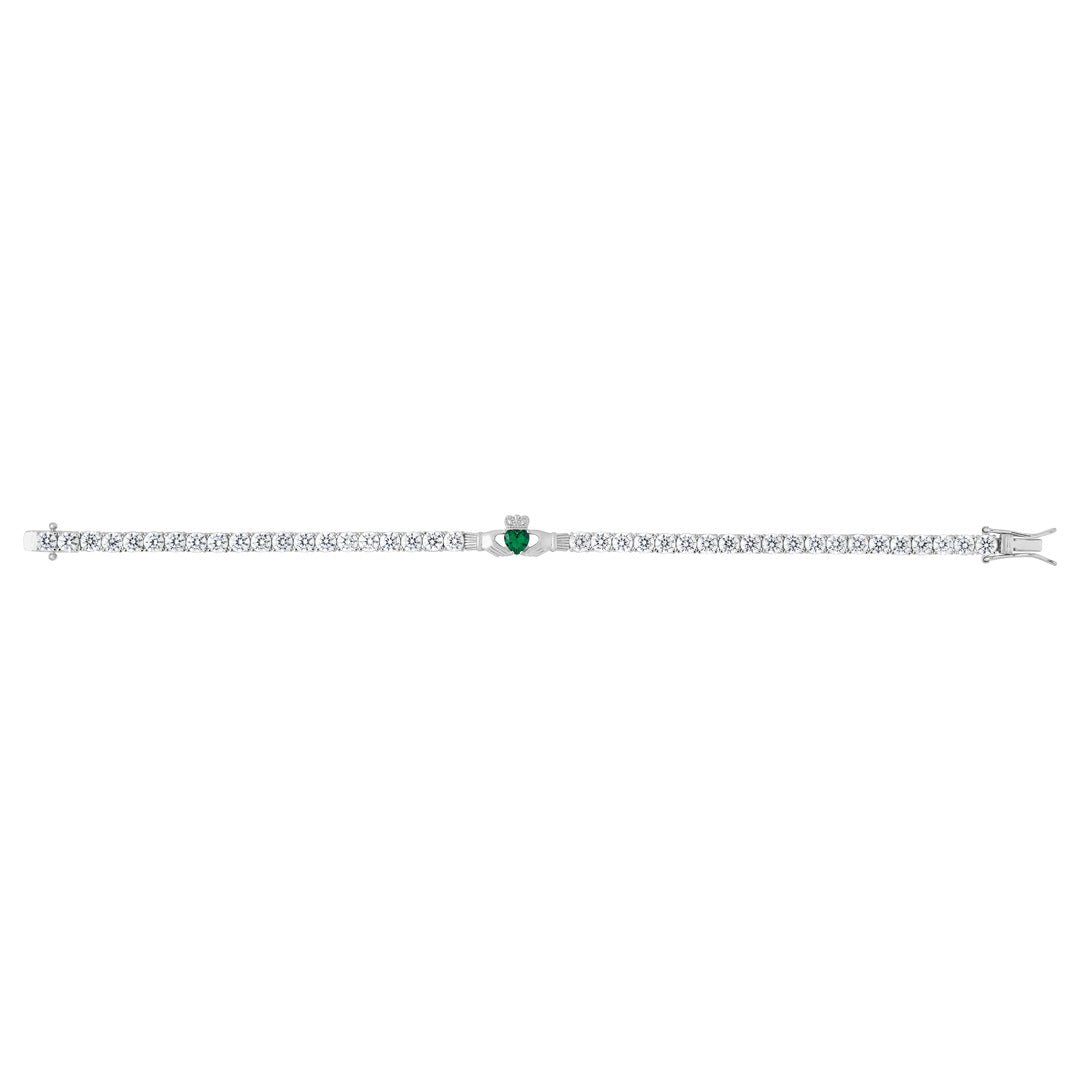 Image showcasing the green cubic zirconia  Claddagh heart tennis bracelet laid out in its open state.