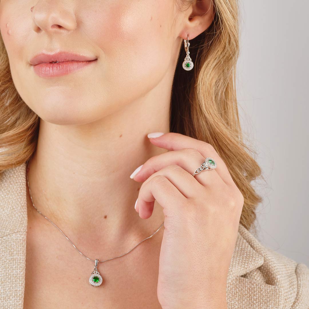  cluster green cz trinity knot earrings s34215 on a model 2