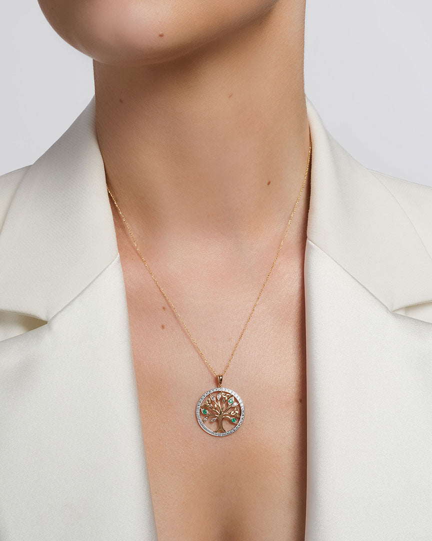 a model wearing gold irish tree of life necklace s46105