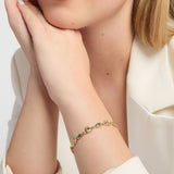 A close-up lifestyle shot of a woman wearing a delicate gold Claddagh bracelet with emerald gemstones on her wrist, paired with a white satin blouse.