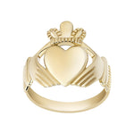 product shot of yellow gold large claddagh ring form men - front of the claddagh heart