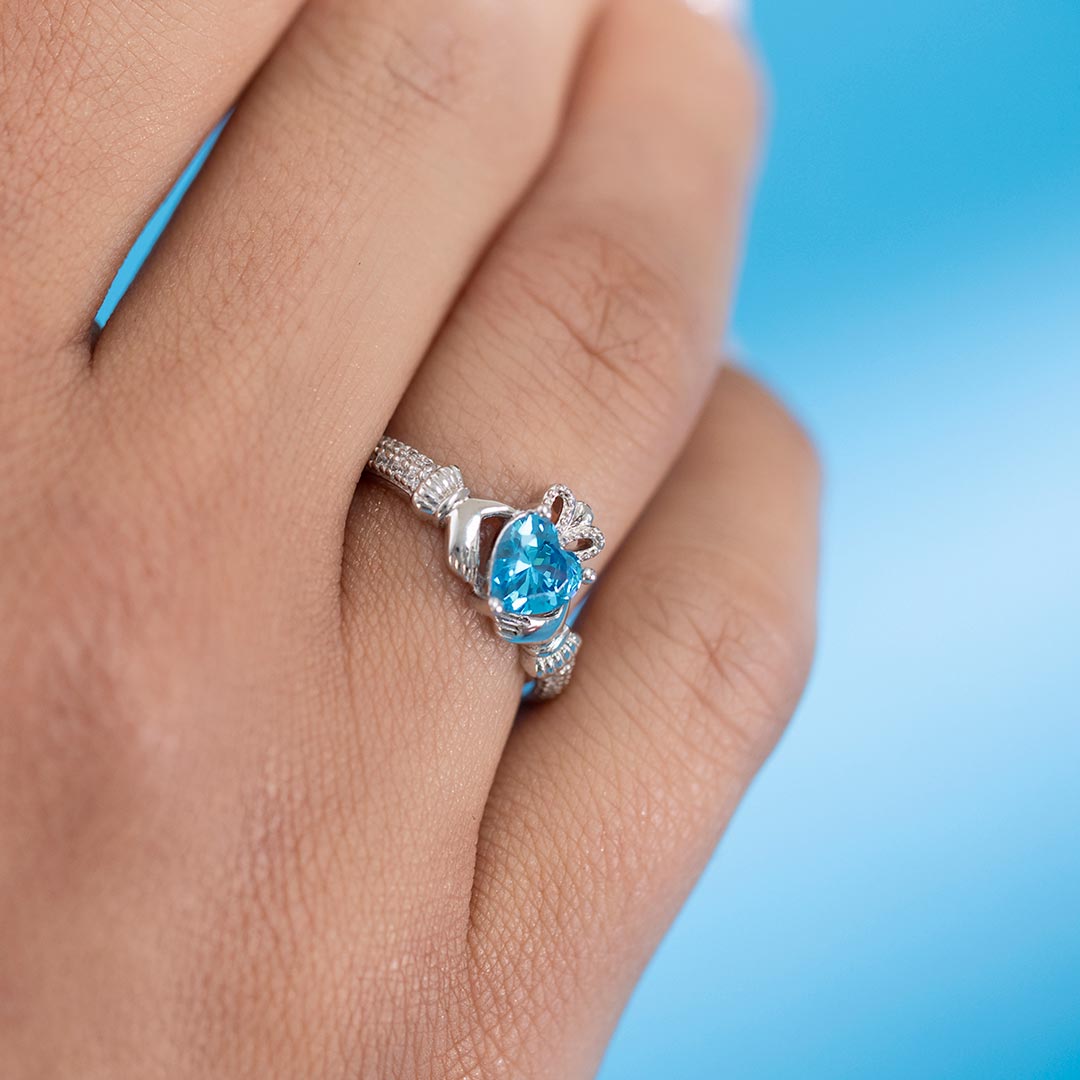 sterling silver claddagh ring march birthstone s2106203 from Solvar on a model
