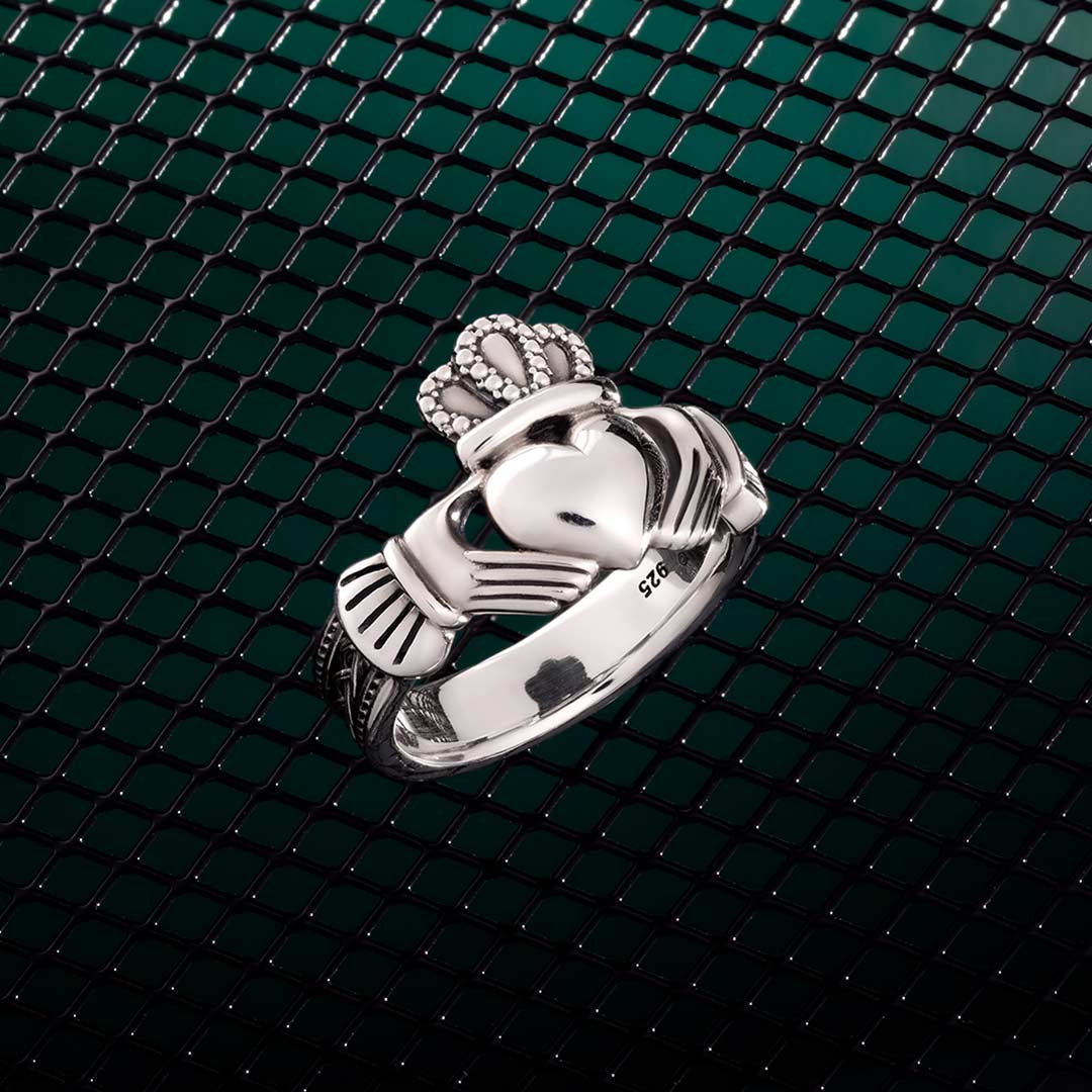 styled image of sterling silver heavy celtic claddagh ring s21070 from Solvar