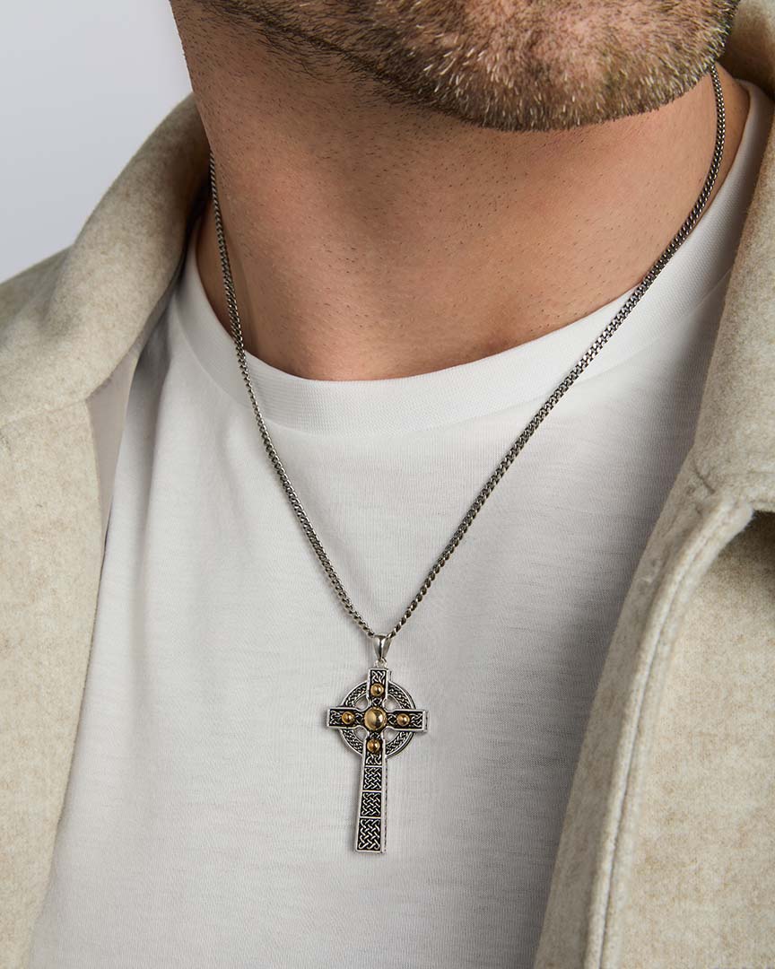 closeup image of mixed metals mens celtic cross necklace