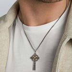 closeup image of mixed metals mens celtic cross necklace
