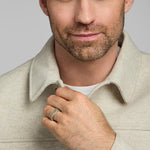 male model wearing gold and silver Celtic Trinity Knot band ring from Solvar