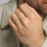 closeup image of mens gold and silver Celtic Trinity Knot band ring on a model