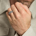 closeup image of men's silver Celtic Knot band ring on a model